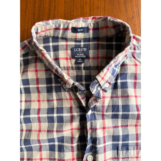 J.Crew Men's Slim Fit Navy & Tan Plaid Long Sleeve Button Down Shirt - Size XL