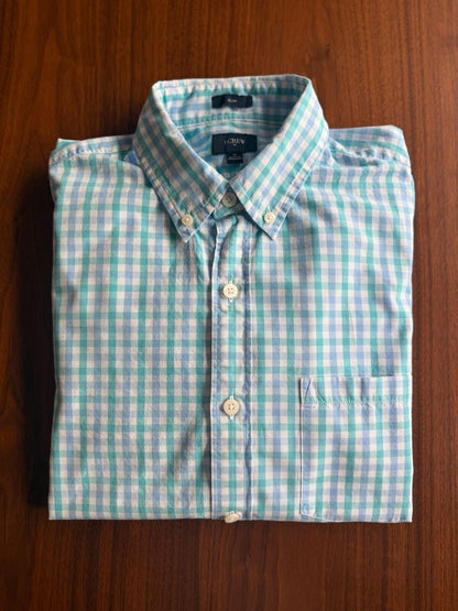 J.Crew Men's Slim Aqua/Blue Gingham Plaid Long Sleeve Button Down Shirt - Size M