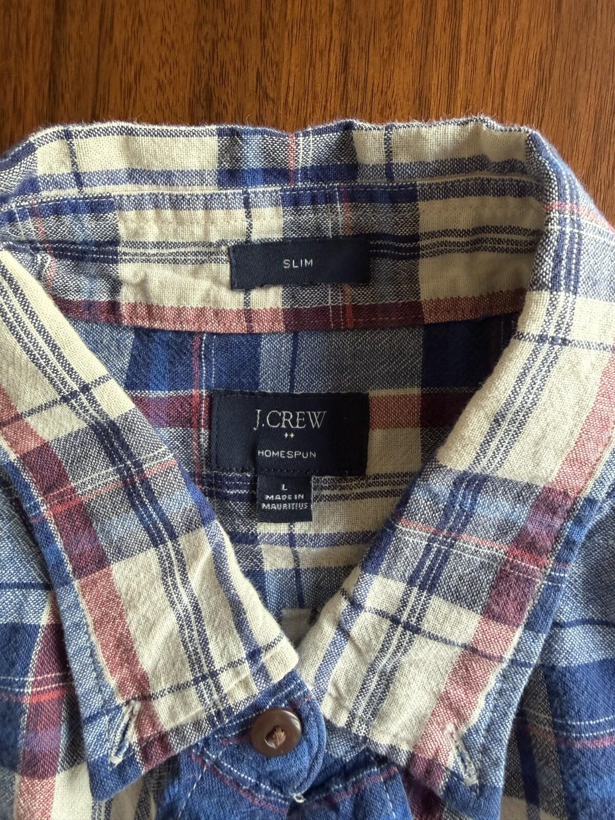 J.Crew Men's Homespun Slim Fit Blue Plaid Button-Down - Size L