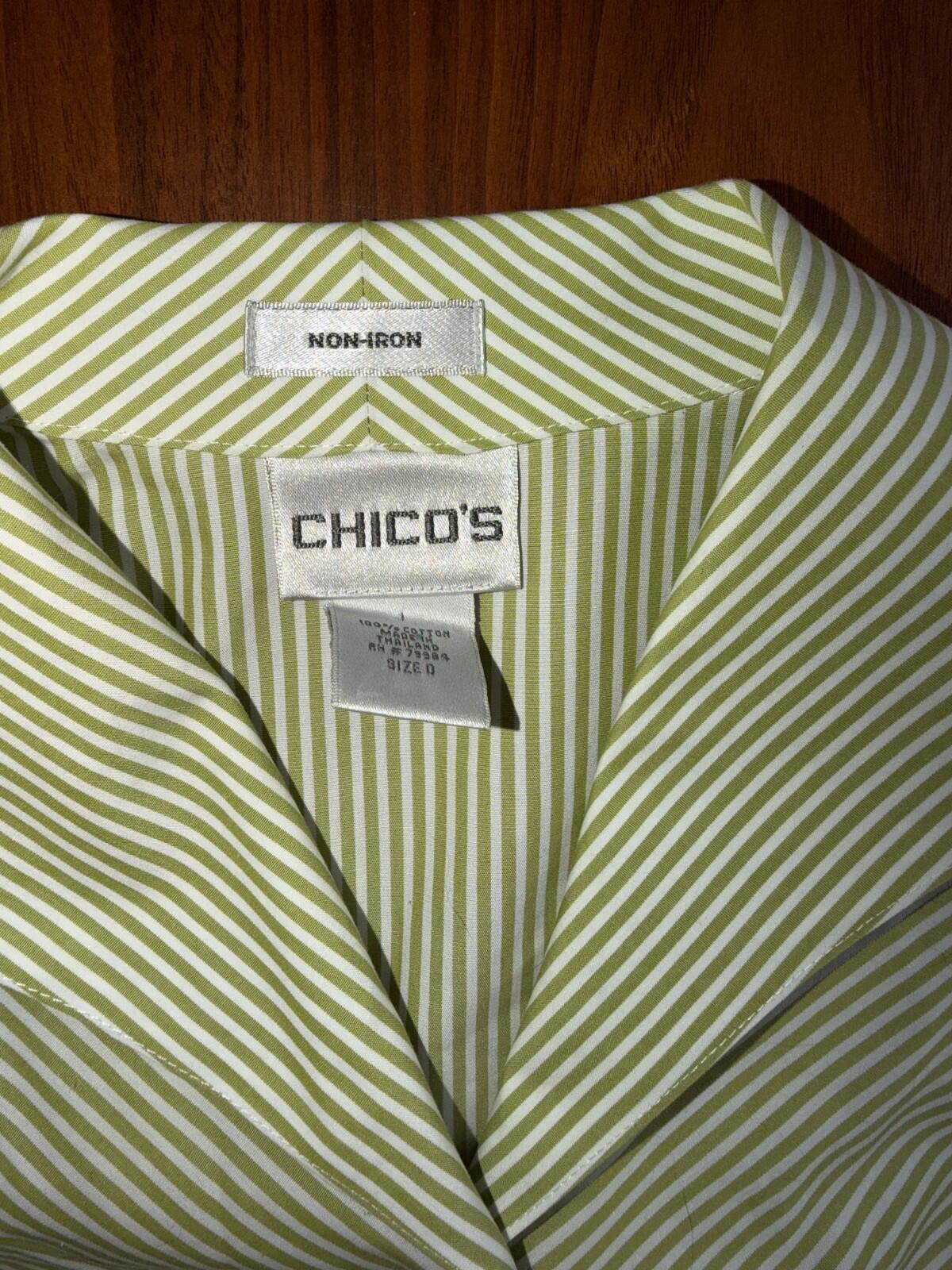 Chico's Women's Non-Iron Green & White Bias Striped Button-Up Shirt - Size 0