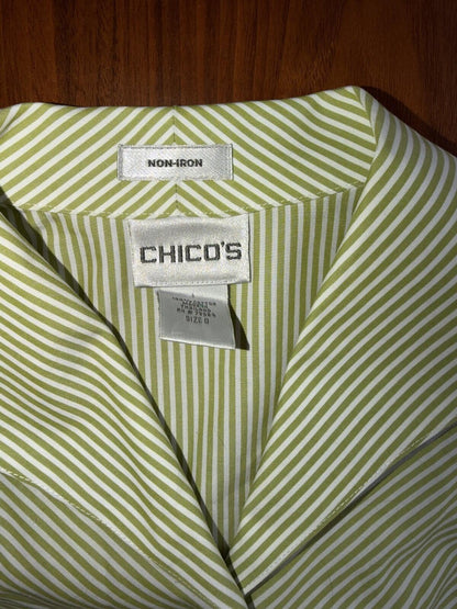 Chico's Women's Non-Iron Green & White Bias Striped Button-Up Shirt - Size 0