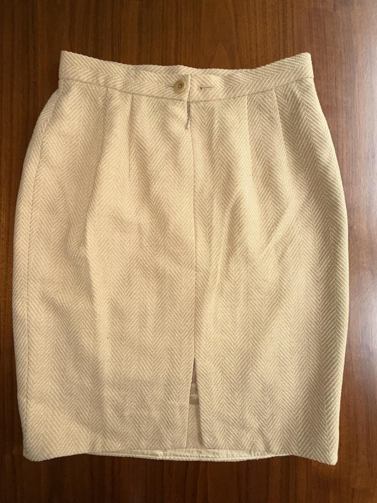 Vintage Jaeger Beige Herringbone Wool Skirt Suit Set - Size 4