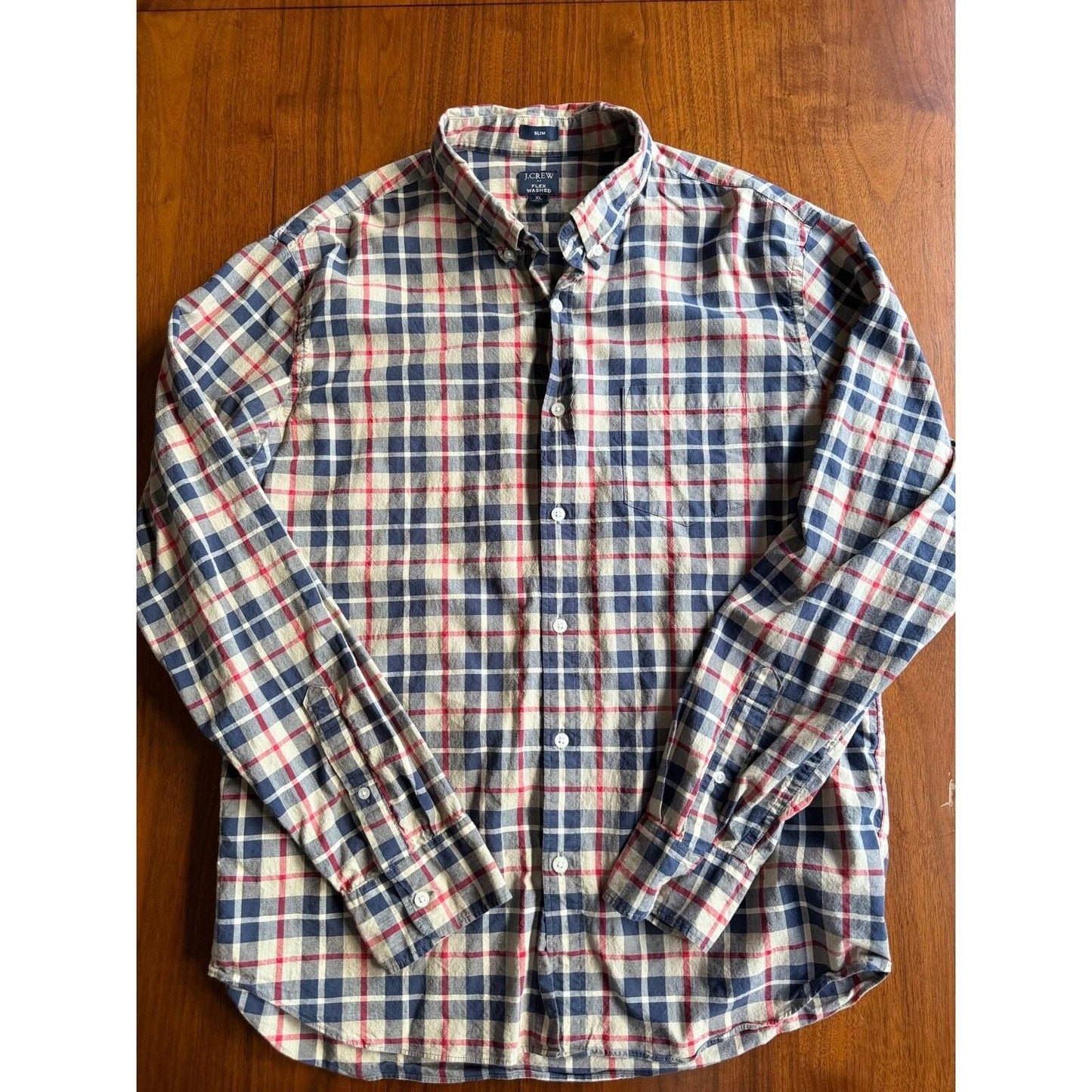 J.Crew Men's Slim Fit Navy & Tan Plaid Long Sleeve Button Down Shirt - Size XL