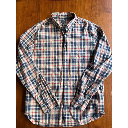 J.Crew Men's Slim Fit Navy & Tan Plaid Long Sleeve Button Down Shirt - Size XL