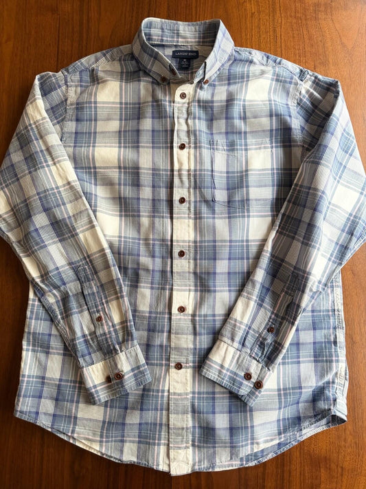 Lands' End Traditional Fit Blue & Pink Plaid Button Down Shirt - Size M