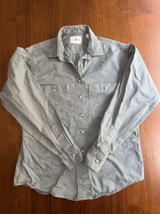 Vintage J.Crew Women's Grey Long Sleeve Button-Up Utility Shirt - Size M