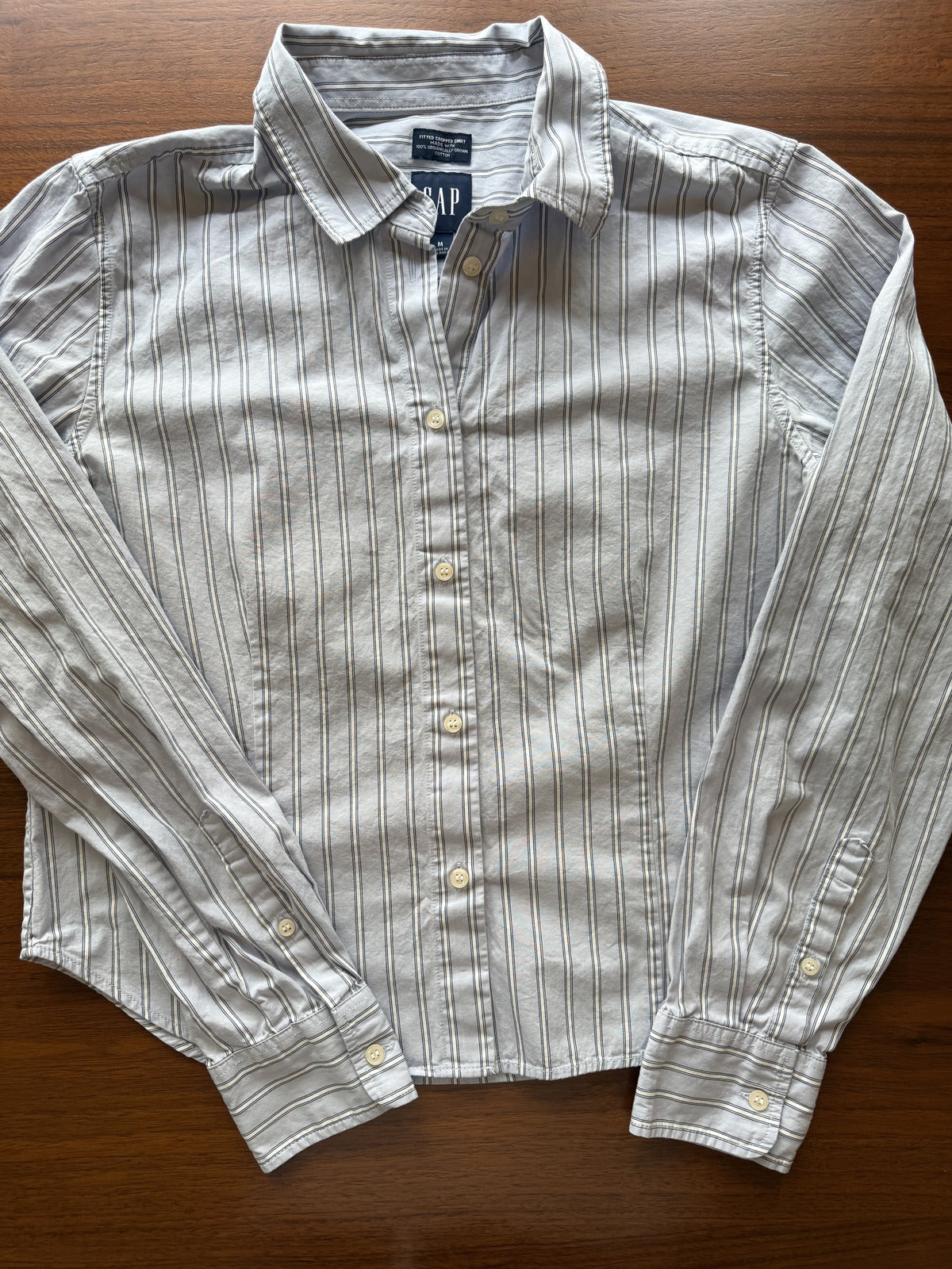 GAP Women's Fitted Cropped Shirt Light Blue w/Navy Stripes - Size M