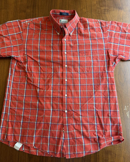 George Gibson's Men's Red Plaid Short Sleeve Shirt 100% Cotton - Size L