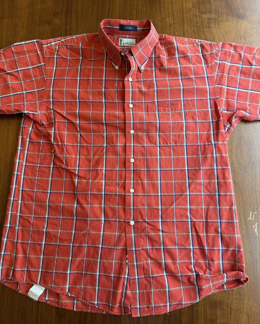 George Gibson's Men's Red Plaid Short Sleeve Shirt 100% Cotton - Size L