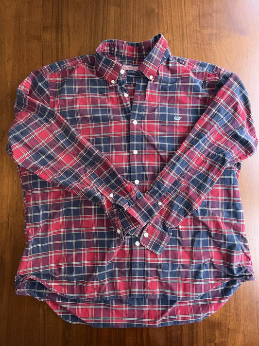 Vineyard Vines Men's Collegiate Plaid Button-Down Shirt Red & Navy - Size XL