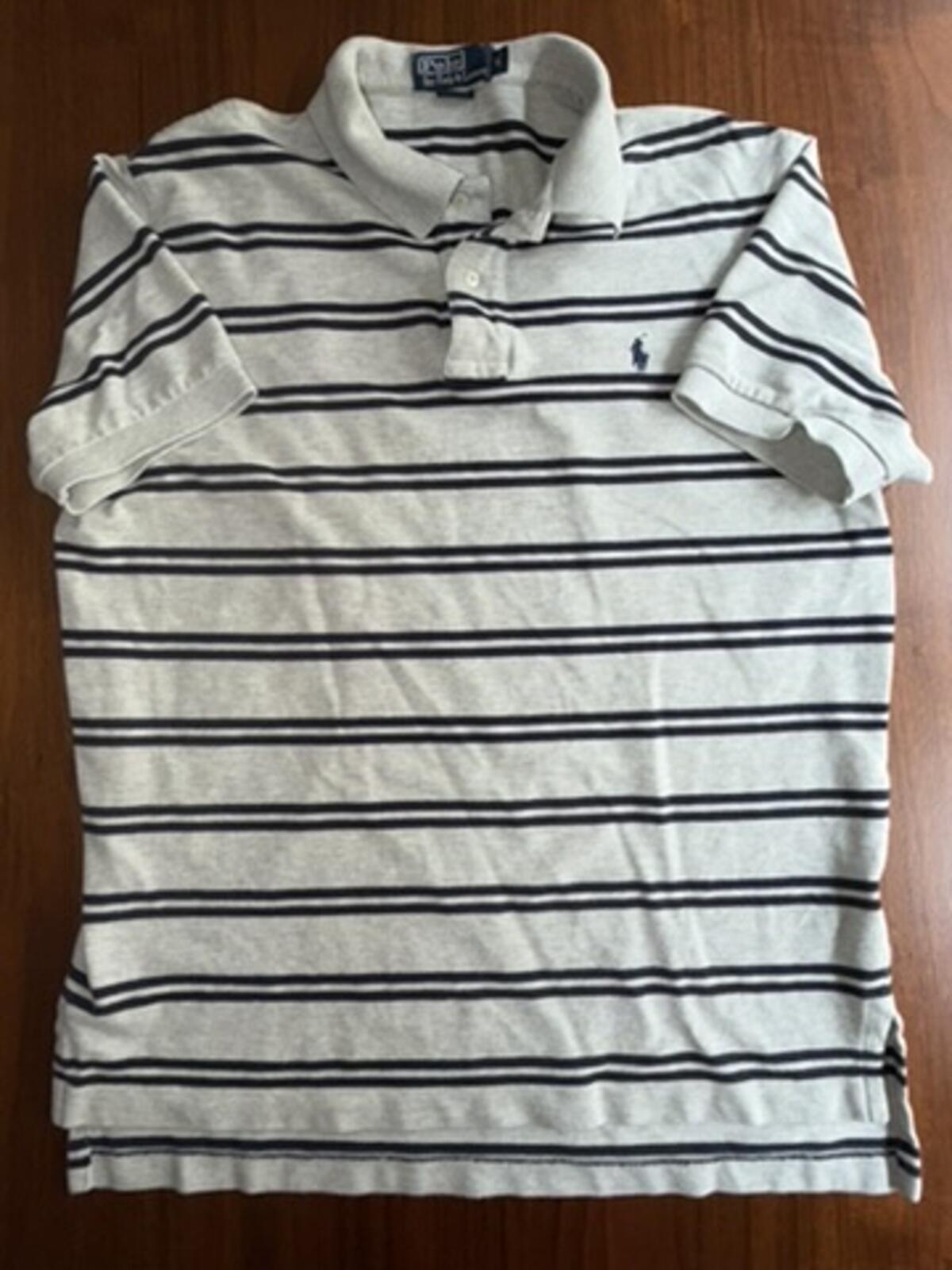 Polo by Ralph Lauren Men's Grey & Navy Striped Polo Shirt - Size Large