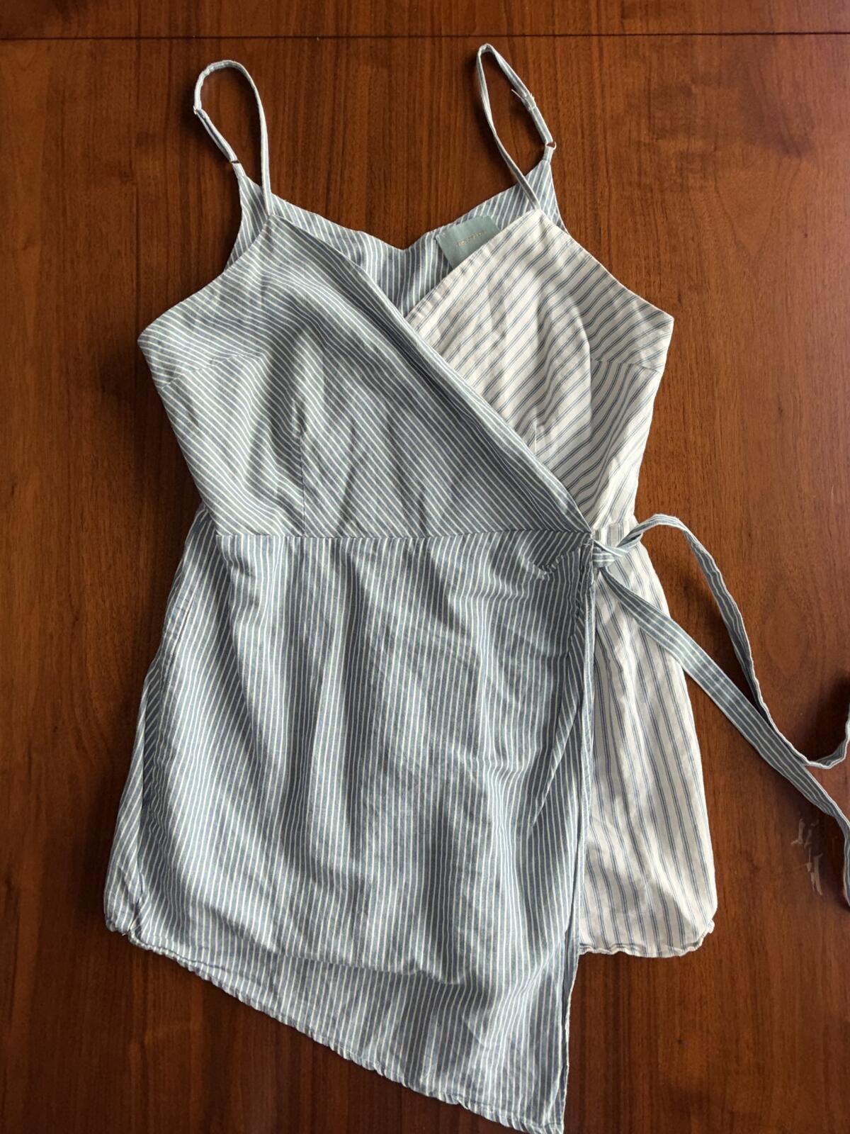 Skies Are Blue Women's Blue Striped Romper w/ Tie Waist Apron Front- Size L