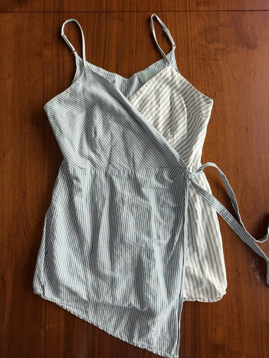 Skies Are Blue Women's Blue Striped Romper w/ Tie Waist Apron Front- Size L