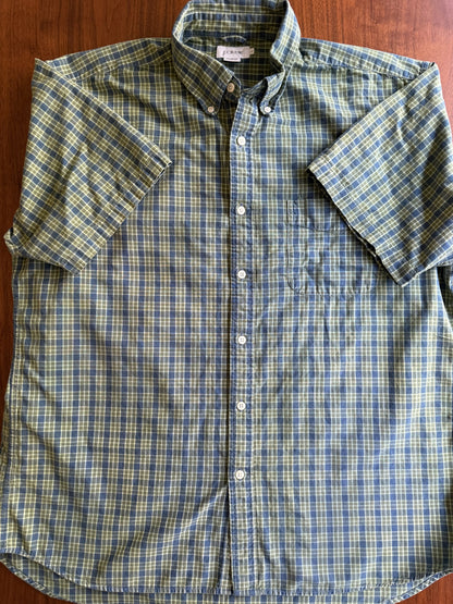 J.Crew Men's Green and Blue Plaid Short Sleeve Button Down - Size L