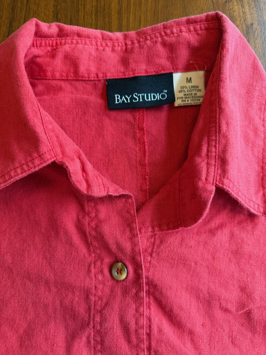 Bay Studio Women's Red Linen Button-Up Shirt - Size M