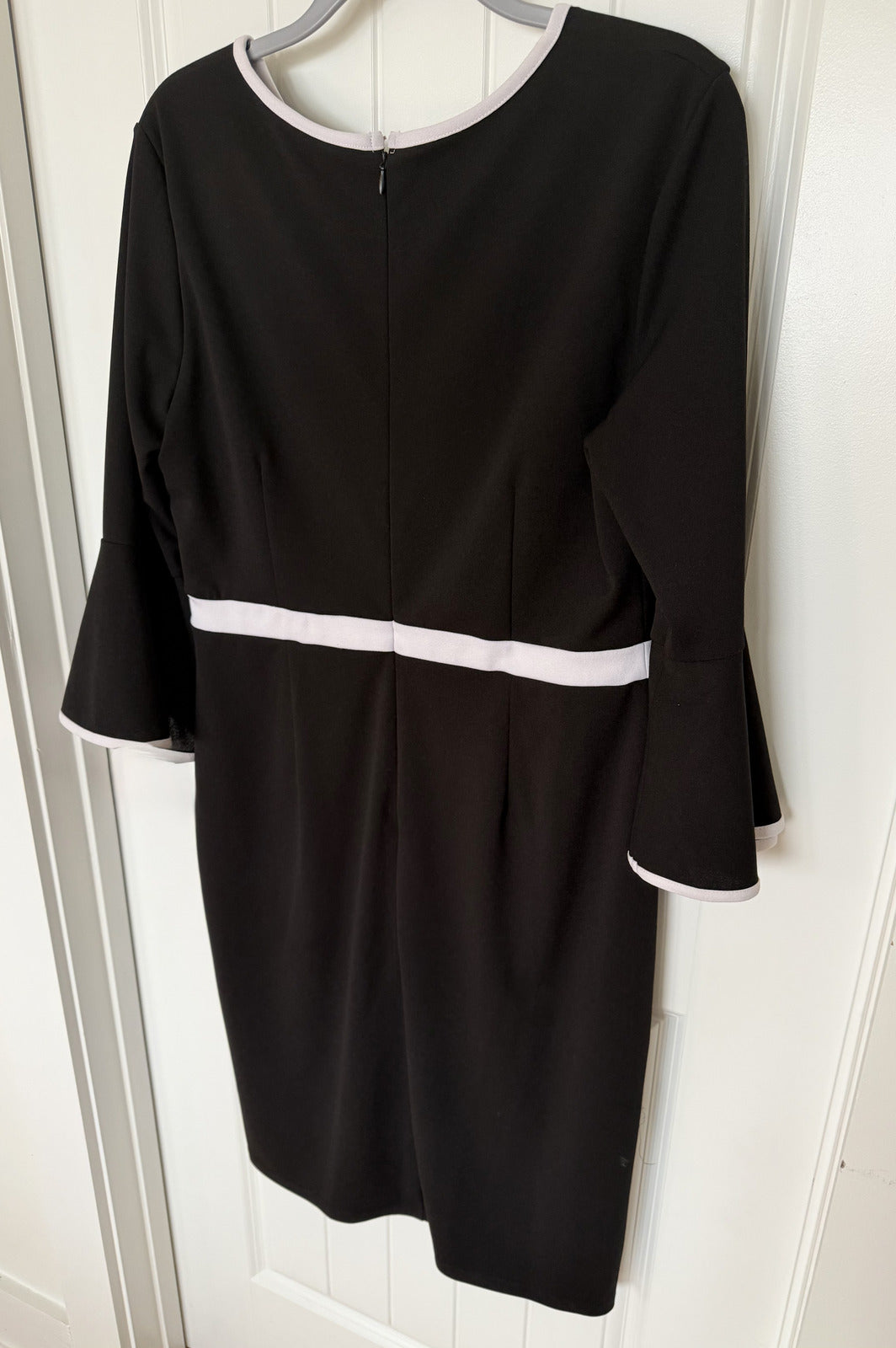 New York & Company Black Stretch Dress with White Trim and Bell Sleeves - Size L