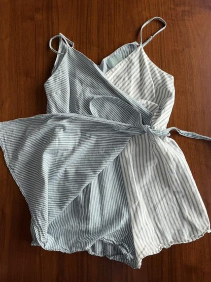 Skies Are Blue Women's Blue Striped Romper w/ Tie Waist Apron Front- Size L