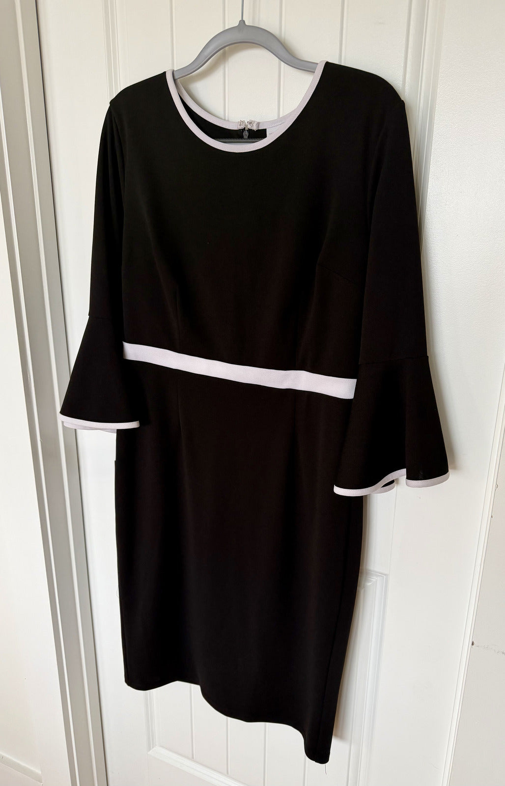 New York & Company Black Stretch Dress with White Trim and Bell Sleeves - Size L