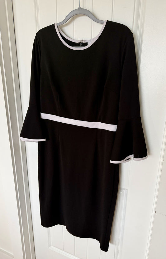 New York & Company Black Stretch Dress with White Trim and Bell Sleeves - Size L