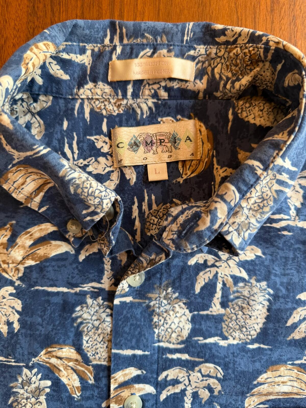 Campia Moda Men's Blue Tropical Palm Button Front Hawaiian Shirt - Size L