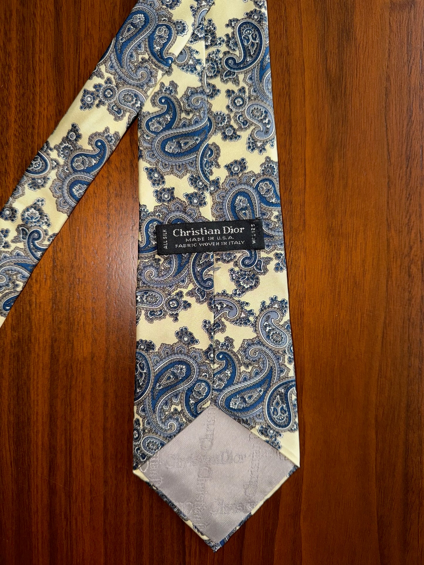 Christian Dior Men's Yellow and Blue Paisley Silk Tie