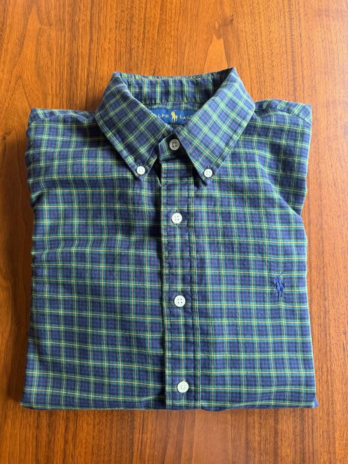 Polo Ralph Lauren Mens Green/Navy Blue Tartan Plaid Button Down Shirt - Size L