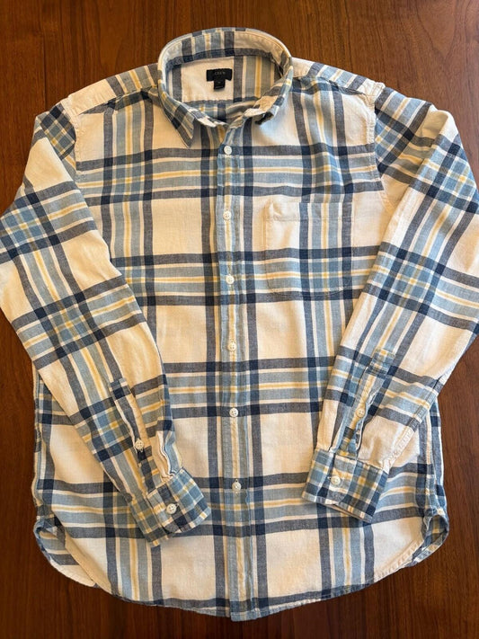 J.Crew Men's Blue & Cream Plaid Long Sleeve Button Down Shirt - Size M