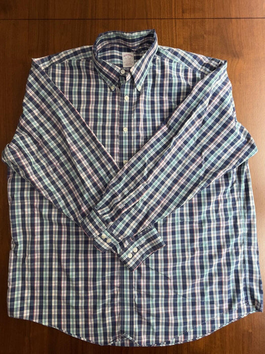 Brooks Brothers Men's Madison Fit Blue & Pink Plaid Button-Down - Size XL