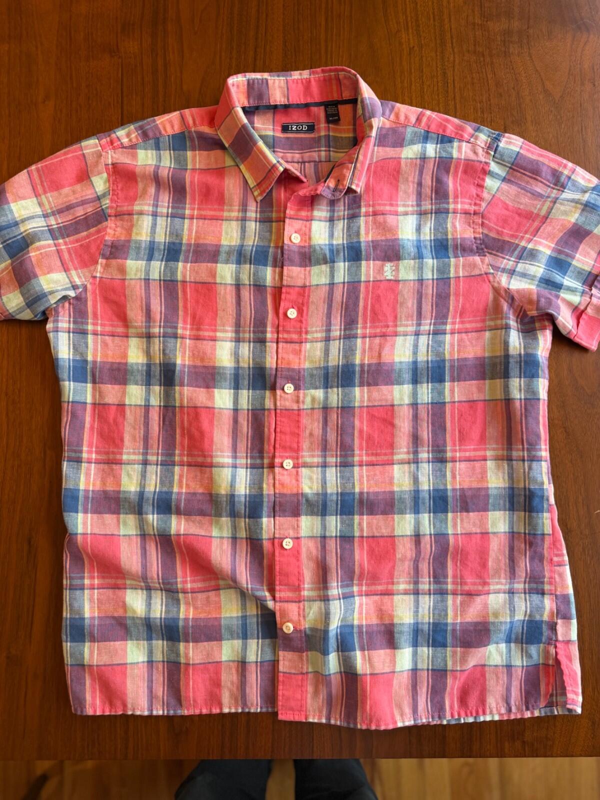 IZOD Men's Pink & Blue Plaid Madras Short Sleeve Button Down Shirt - Size XL