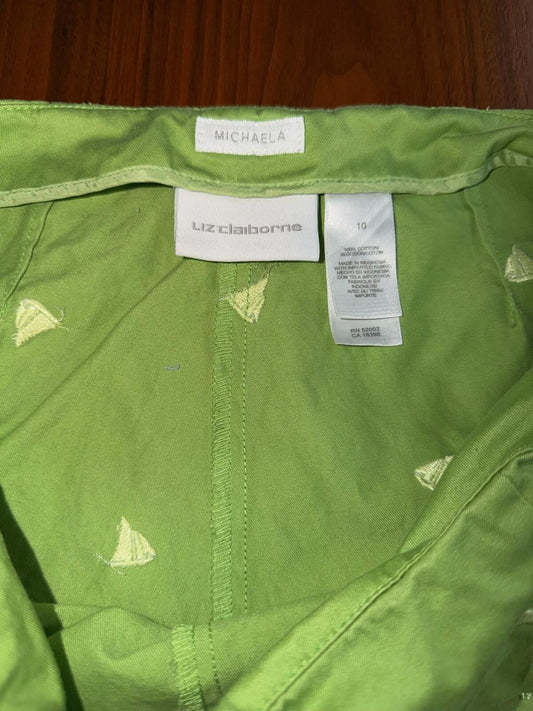 Liz Caliborne Women's Michaela Green Embroidered Sailboat Pants - Size 10