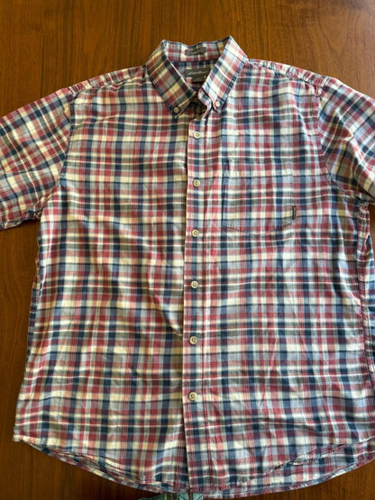 Eddie Bauer Men's Red & Blue Short-Sleeve Plaid Button-Down Shirt - Size L