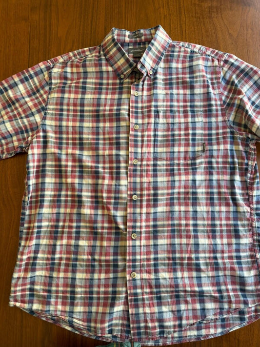 Eddie Bauer Men's Red & Blue Short-Sleeve Plaid Button-Down Shirt - Size L
