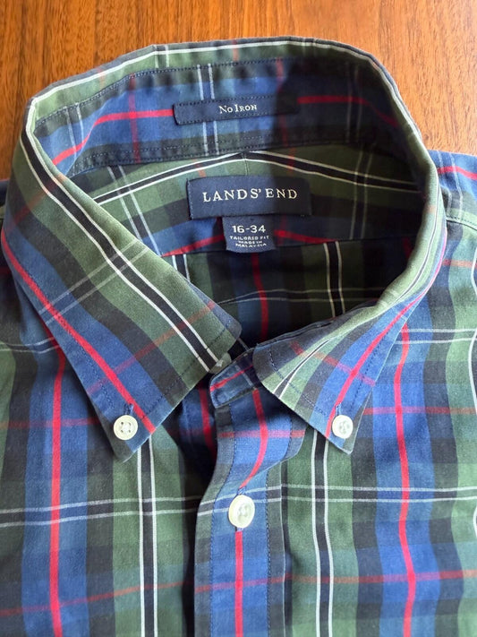 Lands' End No Iron Tailored Fit Plaid Dress Shirt 16-34 Green Navy Red Tartan