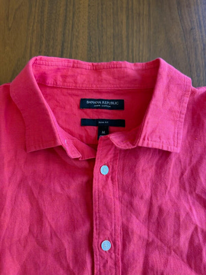 Banana Republic Slim Fit Linen Cotton Short Sleeve Shirt Raspberry Pink Size M