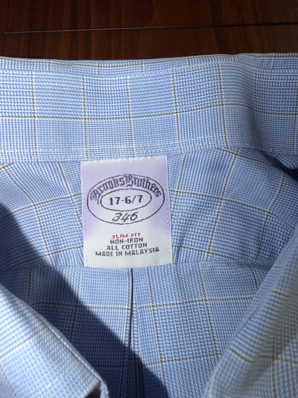 Brooks Brothers 346 Men's Slim Fit Non-Iron Blue Plaid Dress Shirt - Size 17-36