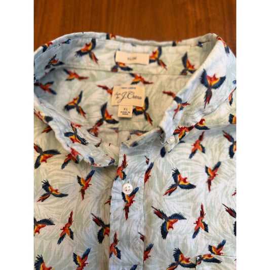 J.Crew Men's Slim Fit 100% Linen Parrot Print SS Button Down Shirt - Size XL