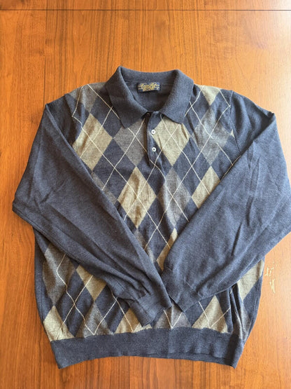 Brooks Brothers Men's Blue Argyle 100% Merino Wool Polo Sweater - Size XL