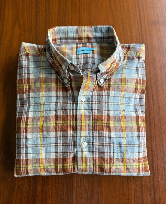 J.McLaughlin Men's Slim Fit Blue & Brown Plaid Button-Down Shirt - Size L
