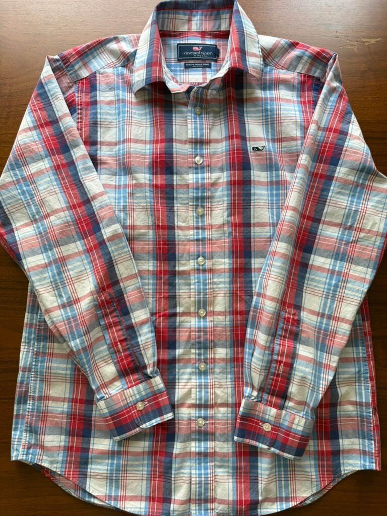 Vineyard Vines Men's Slim Fit Red & Blue Plaid Shirt - Size M