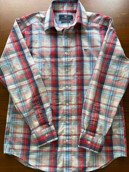 Vineyard Vines Men's Slim Fit Red & Blue Plaid Shirt - Size M