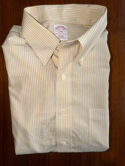 Brooks Brothers Men's Dress Shirt Yellow w/Blue Stripes - Size 17.5-32/33