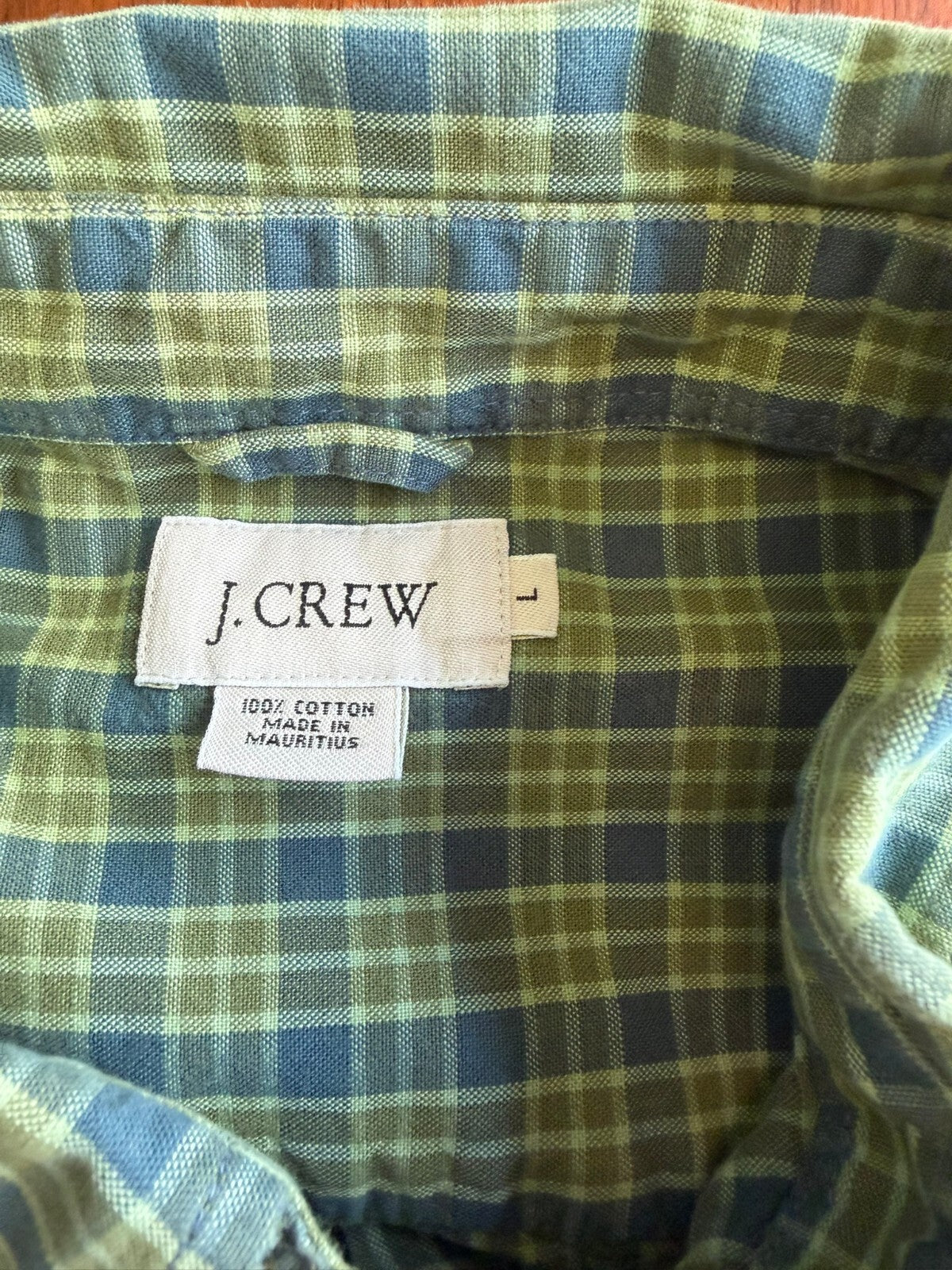 J.Crew Men's Green and Blue Plaid Short Sleeve Button Down - Size L