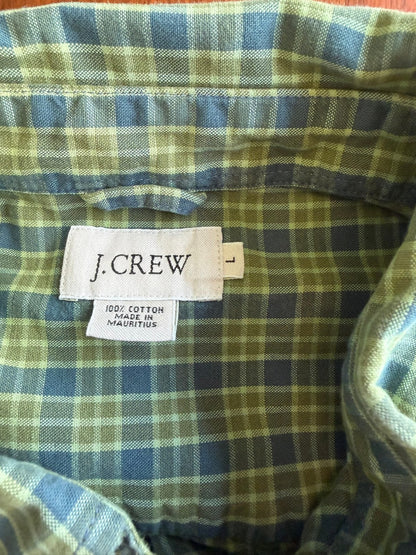 J.Crew Men's Green and Blue Plaid Short Sleeve Button Down - Size L
