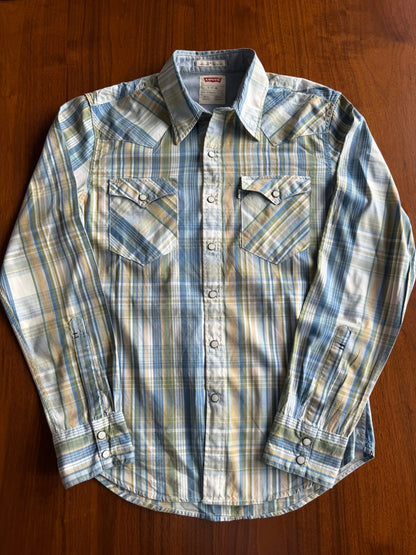 Levi's Men's Green & Blue Plaid Western Shirt w/Pearl Snaps - Size S