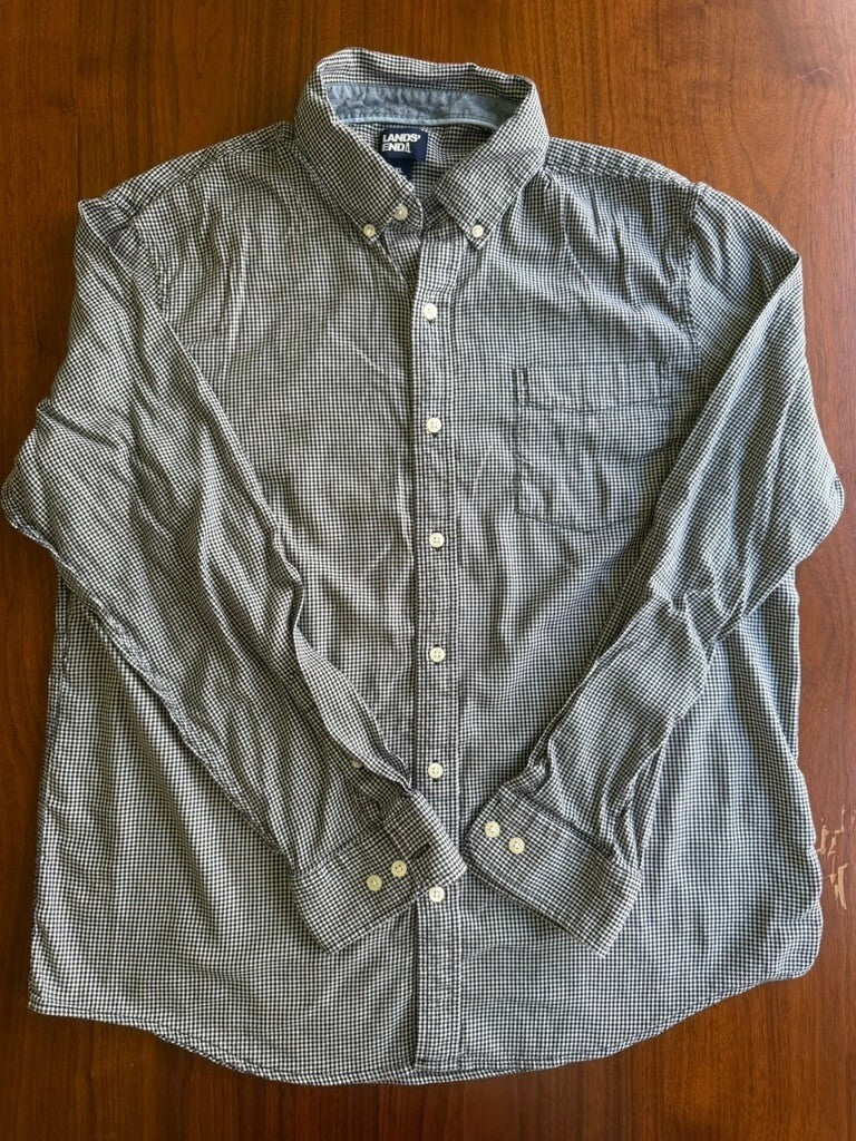 Lands' End Men's Navy and White Houndstooth Button-Down Shirt - Size XL