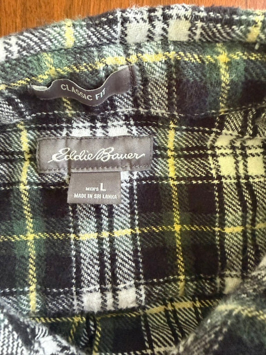 Eddie Bauer Men's Tartan Black Plaid Flannel Button-Down Shirt - Size L