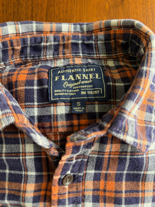 Flannel Authentic Shirt Original Wash Orange & Blue Plaid Button-Up - Size S
