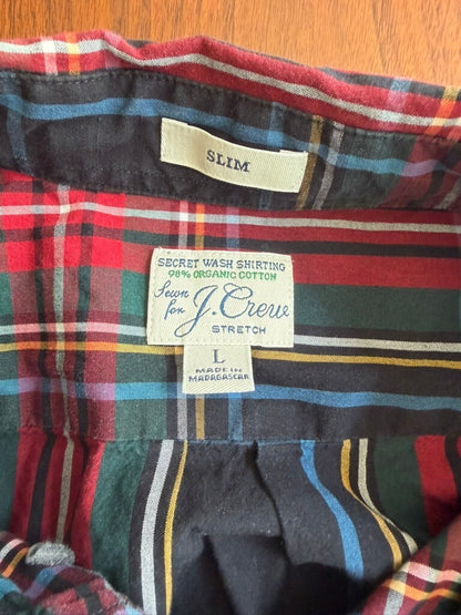 J.Crew Slim Fit Secret Wash Organic Cotton Black Tartan Plaid Shirt - Size L