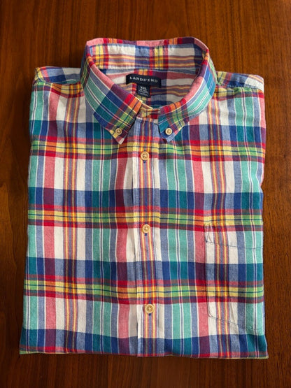 Lands' End Men's Traditional Fit Button-Down Multicolor Plaid Shirt - Size XXL