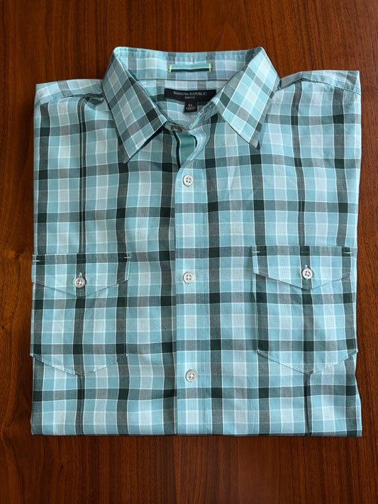 Banana Republic Slim Fit Long Sleeve Light Blue Lrg Check Plaid Shirt - Size XL